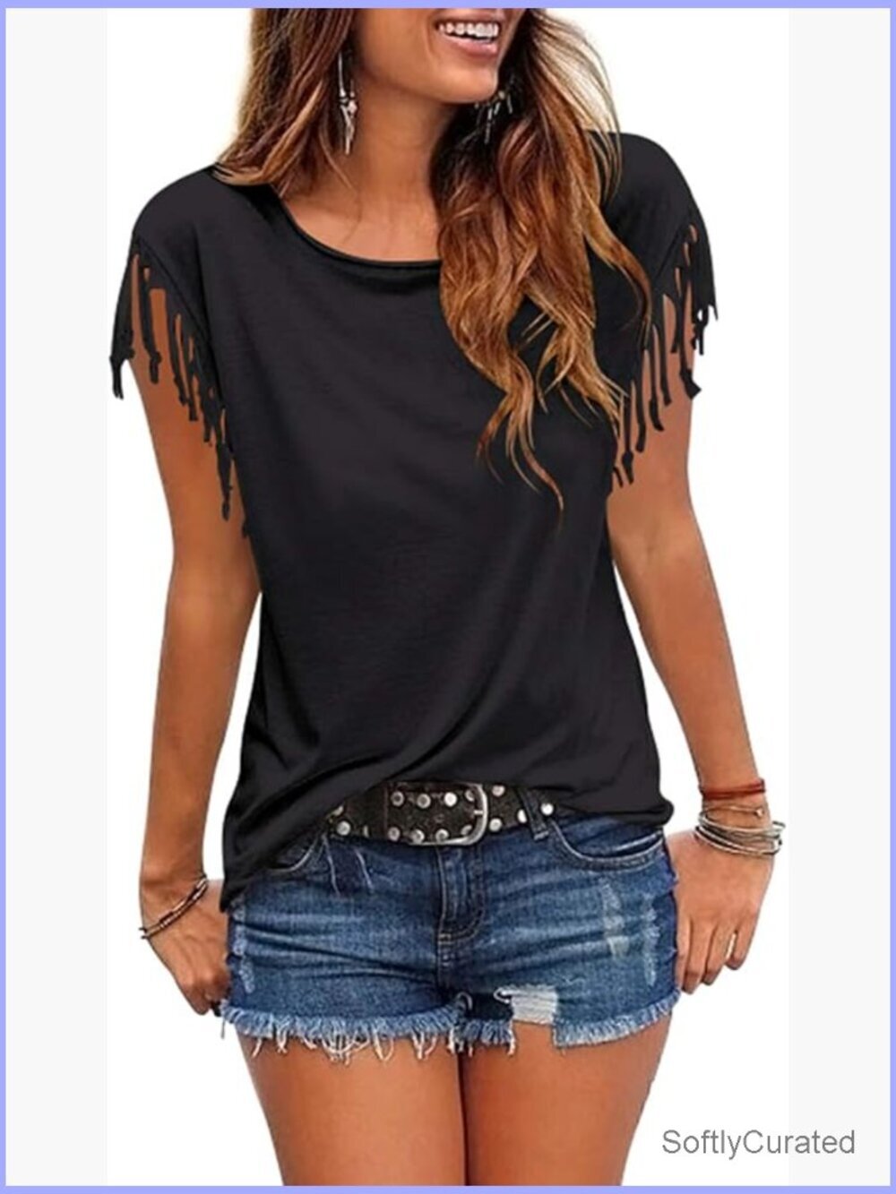 Tassel Short Sleeve Round Neck T-Shirt Casual Summer Tee Top